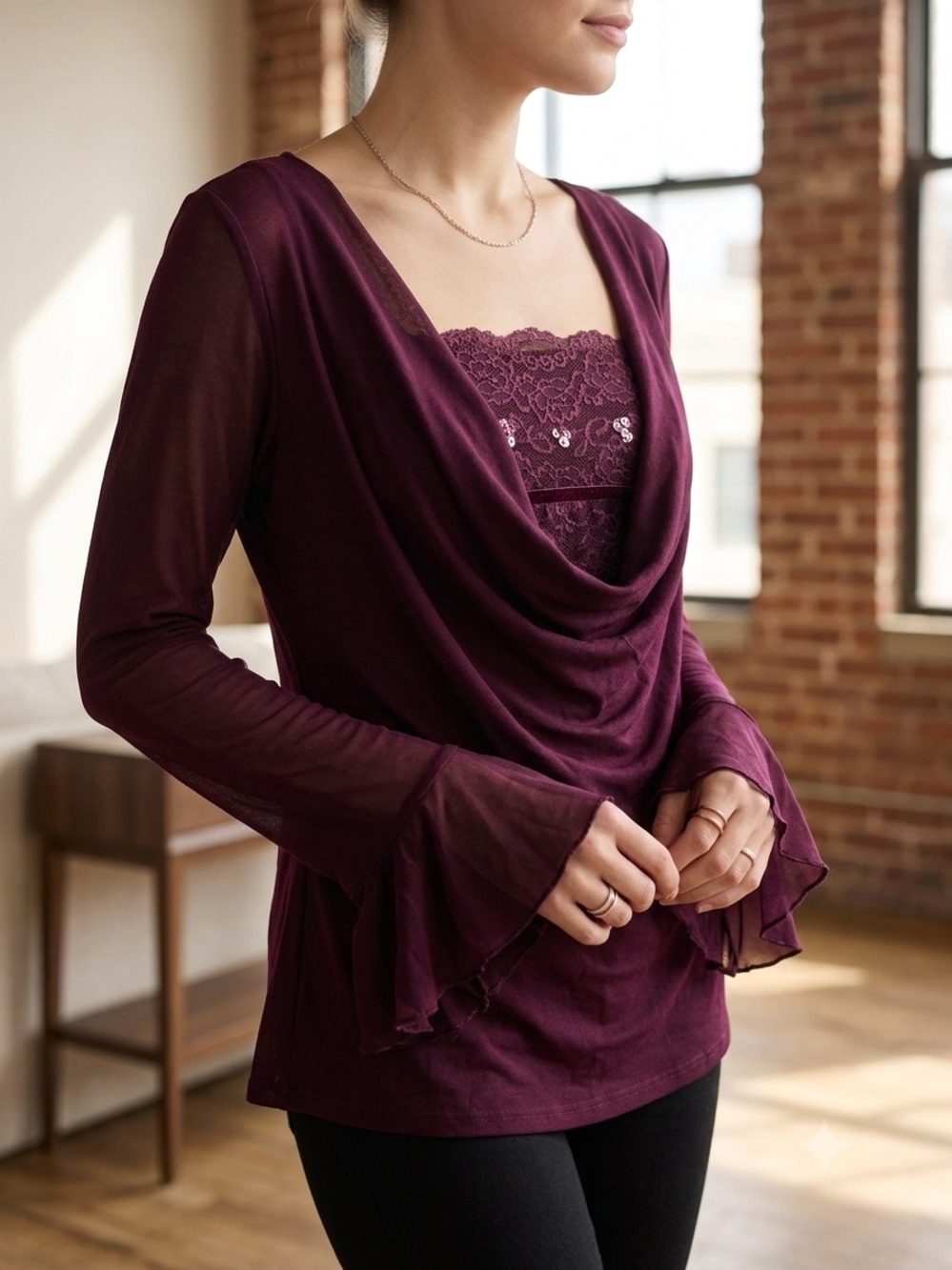 Vintage Y2K Hot Kiss Plum Lace Cowl Neck Top Bell Sleeve Whimsigoth Vampy Sz 1/M